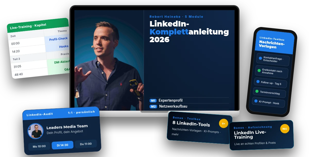 Alles, was in der LinkedIn-Komplettanleitung 2026 enthalten ist: 5 Videomodule, die LinkedIn-Toolbox mit Nachrichten-Vorlagen und KI-Prompts, die Live-Training-Aufzeichnung und das 1:1 LinkedIn-Audit